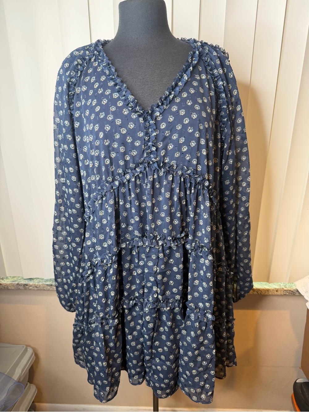 Chelsea 28 Blue Silver Sparkle Floral Ruffled Tiered Tunic Dress Size XL
